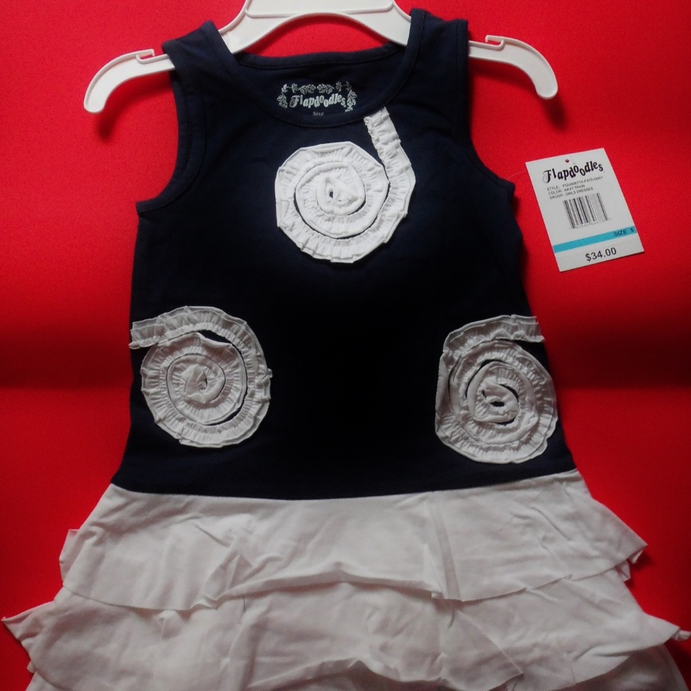 Navy White Sleeveless Ruffle Swirl 3 flounce Dress